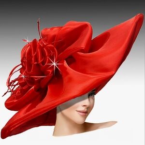 Stunning Billowing Red Wide Brim Feathered Hat Equine Church Brunch Tea and More